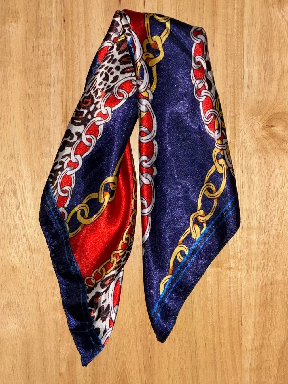 Vintage Chain & Leopard Print Scarf | Navy Blue & Red Silk-Feel